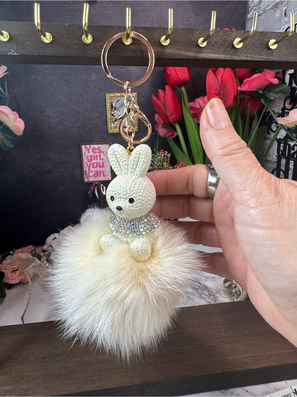 Ivory Bunny Pom Keychain with Sparkle Collar - Women Accessories - Picture 4 of 4